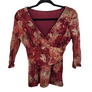 Vintage Lace Blouse Top M Red Floral Sheer Sleeve Mock Wrap Ruched Waist Sexy